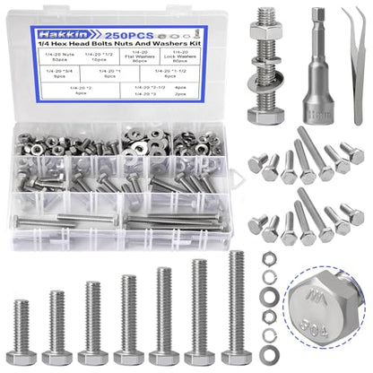 252Pcs 1/4-20 Hex Bolts and Nuts Kit, Stainless Steel Nuts and Bolts Assortment Kit, Fully Threaded Hex Bolt 1/4-20 x 1/2”, 3/4”, 1”, 1-1/2”, 2”, 2-1/2”, 3” Screws Nuts Flat Lock Washer Kit Hakkin - size: L 1/4-20 Hex Bolts Silver 252pcs