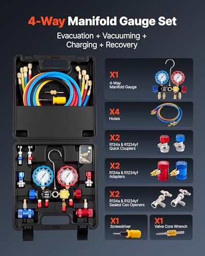 VEVOR AC Manifold Gauge Set for R134a R404A R1234yf R22 Refrigerant, 4 Way AC Gauge with 5 ft Hoses, Adapters, Quick Couplers, Can Taps for Automotive Air Conditioning Maintenance, Charging Evacuation - size: R134a/R404A/R1234yf/R22, style: 4 Way with Box