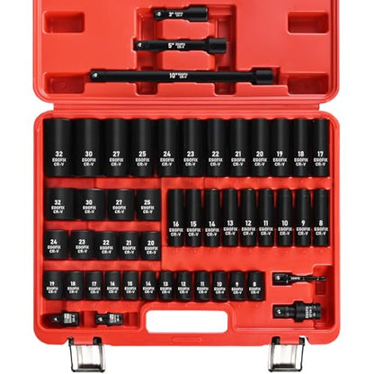 1/2" Drive Impact Socket Set 49 Piece, Standard and Deep Metric Socket (9-25mm, 27, 30, 32mm), Includes Extension Bars, Universal Joint and Adapter, 6 Point Design,Cr-V steel - style: 1/2-49PCS