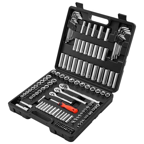 VEVOR Socket Set, 149 Pieces, 3/8 & 1/4 & 1/2 inch Drive Socket and Ratchet Set, SAE and Metric, Deep and Shallow, Mechanic Tool Kit with Bits, Accessories, Storage Case, CR-V Alloy Steel, for Repair - size: 1/4"&3/8"&1/2", style: 149 PCS