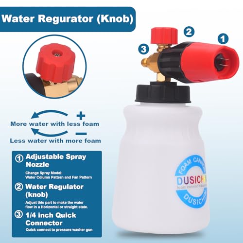 DUSICHIN Pressure Washer Short Gun Foam Cannon 1/4" Quick Connector,Car Wash Foam Gun Kit Dual Connector Accessory,Double Tip Attachment For Soap Cannon with 5 Nozzle Tips DUS2501