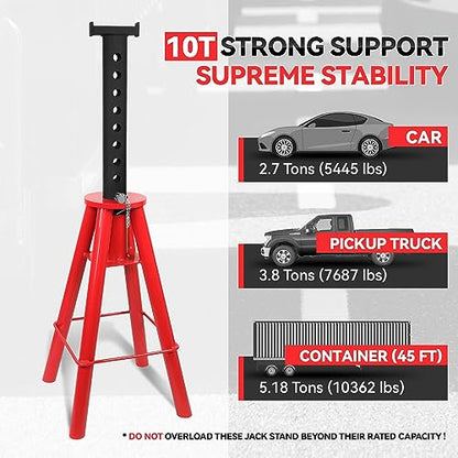 Auto Dynasty Universal Heavy Duty Steel Pin Type Jack Stand, 10 Ton (20000 lbs.) Capacity, Lifting Range 28" (Min) to 47.5" (Max), Black/Red