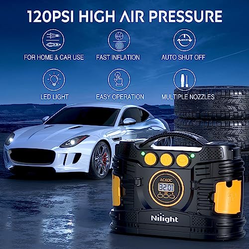 Nilight Tire Inflator Portable Air Compressor Dual Power for Car 12V DC and Home 110V AC Tires Pump Pressure Gauge Fast Inflate Auto Shutoff for Cars SUV Motorcycle Bicycle