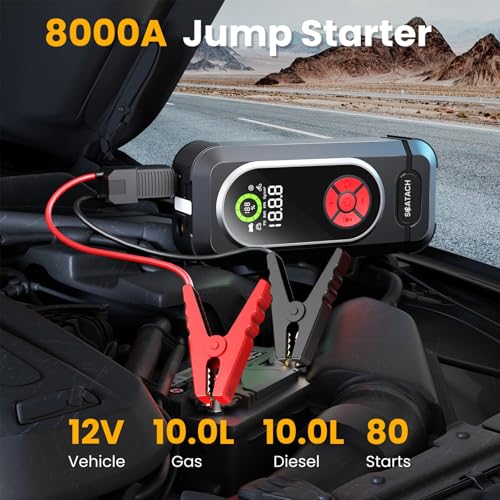 8000A Jump Starter with Air Compressor, 10-in-1 Car Battery Jump Starter Portable (10.0 Gas/10.0L Diesel), 150 PSI 12V Jump Box with Jumper Cables, LED Light, LED Display - color: dark black