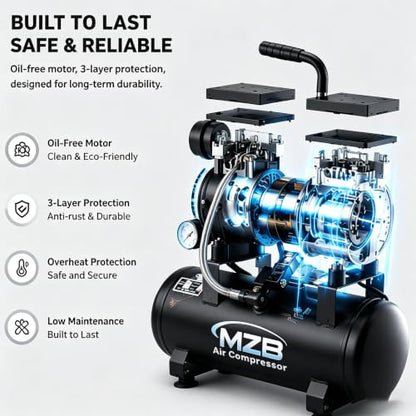 MZB 2.4 Gallon 1.0HP Ultra Quiet Air Compressor 110V/60Hz 5.65CFM, MAX 115PSI Steel Tanks Oil-Free 65 dB Noise Level Air Compressor for Spray Painting, Auto Repair, Carpentry Decoration - size: MZB-750H-9