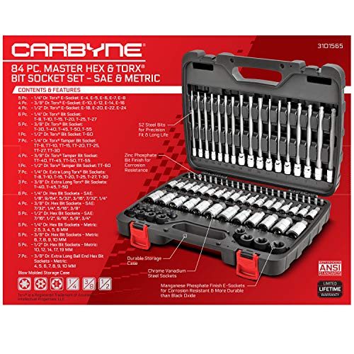 CARBYNE 84-Piece Master Hex & Torx Bit Socket Set & External-Torx Socket Set | S2 Steel Bits, CrV Steel Sockets, Corrosion Resistance, Durable Case | 1/4", 3/8" & 1/2" Dr.