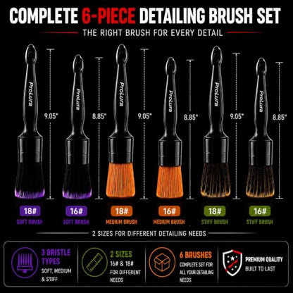 6PCS Car Detailing Brush Set - 2 Boar Hair Brushes, 2 Ultra Soft No-Scratch Brushes & 2 Medium Detail Brushes for Car Interior & Exterior Cleaning | ProLura Car Detailing kit