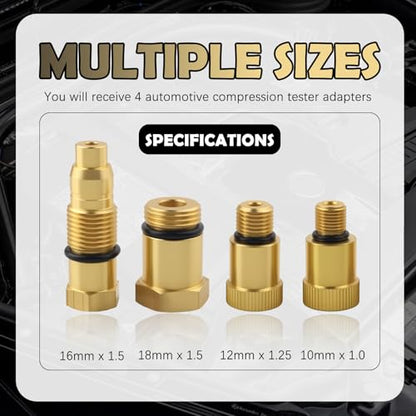 4PCS Compression Tester Automotive Adapter,10mm*1.0/12mm*1.25/18mm*1.5/16mm*1.5 Cylinder Compression Tester Adapter,Versatile Spark Plug Testers Adaper for Gas Engine/Motorcycle