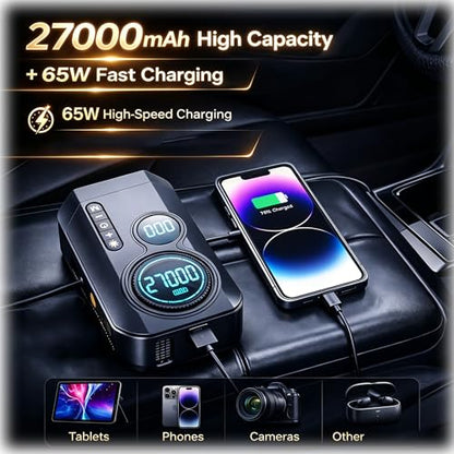 Portable Car Battery Jump Starter with Air Compressor | 9000A Jumper Pack, 200PSI Tire Inflator, 4-in-1 Car Emergency Tool, Power Bank, Gift for Car Owners
