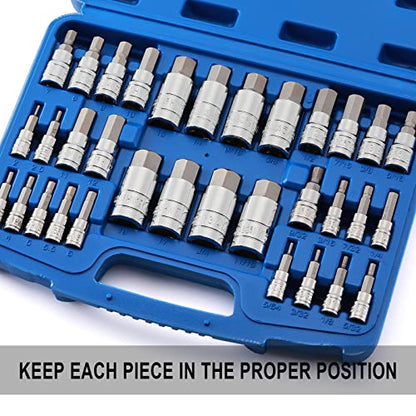 EMENTOL 33PCS Hex Bit Socket Set, 1/4", 3/8" and 1/2" Drive, SAE And Metric Allen Socket Bit, CR-V, S2 Steel, Master Hex Bit Socket Set, 5/64" - 3/4", 2mm - 19mm - size: 33PCS (SAE & Metric)