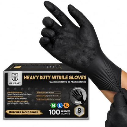 Heavy Duty Black Diamond Grip 8mil Nitrile Gloves - Industrial Grade, Puncture & Chemical Resistant Safety Gloves - size: Large