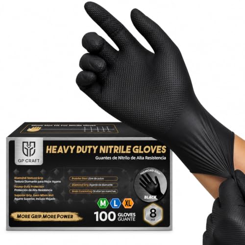 Heavy Duty Black Diamond Grip 8mil Nitrile Gloves - Industrial Grade, Puncture & Chemical Resistant Safety Gloves - size: Large