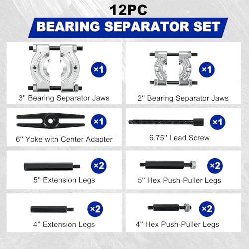 DASBET 12PCS Bearing Puller Set, Heavy Duty 5-Ton-Capacity Bearing Separator Kit with 2" and 3" Jaws, Wheel Hub Axle Puller Set Bearing Splitter Puller Kit Pinion Wheel Bearing Removal Kit - color: Blue