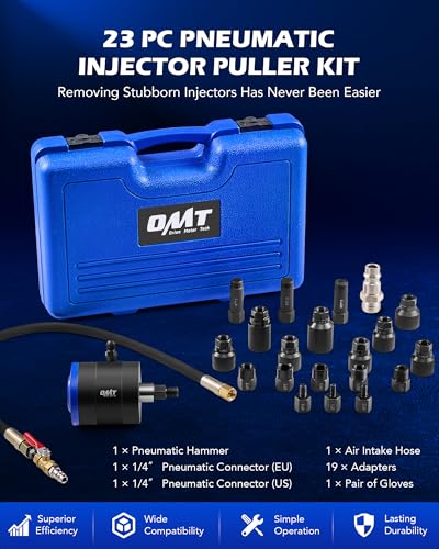 Orion Motor Tech Pneumatic Injector Puller Set for Diesel Engines, 23 pcs 5-8 Bar Air Vibration Injector Removal Tool Kit with Extractor Hammer, 19 Adapters, Extension Hose, and EU US Connectors