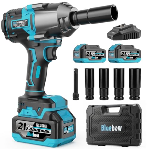 Bluebow Cordless Impact Wrench, 960 ft-lbs (1300 N·m) Brushless Impact Wrench with 2x4.0Ah Battery, 1/2" 3-Speed Modes Impact Gun with 4 Sockets for Pickup, Truck, Home Car