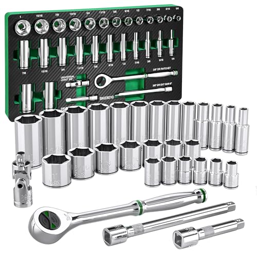 SK 3/8" Drive Socket Set with 160-P Ratchet, SAE, CR-V Steel | 30-Piece Sockets, SuperKrome Finish, Heat Treated, with EVA Foam Tool Organizer - size: SAE