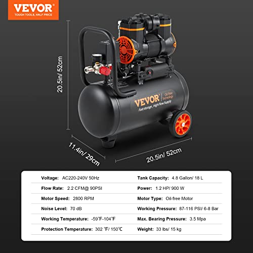 VEVOR 4.8 Gallon Air Compressor, 1.2HP 2.2 CFM@90PSI Oil Free Air Compressor Tank & Max. 116PSI Pressure, 70 dB Ultra Quiet Compressor for Auto Repair, Tire Inflation, Spray Painting, Woodwork Nailing - size: 4.8 Gallon