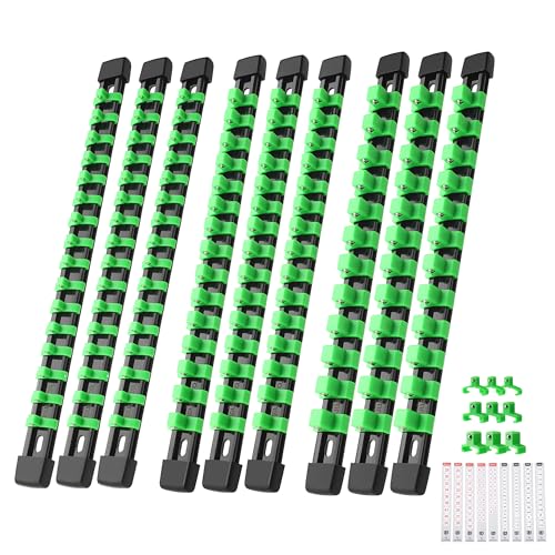 Reniteco 9-Pack Socket Organizer Set, 1/4" x 48 3/8" x 45 1/2" x 36 Clips | 129 Clip Capacity, Havy-Duty ABS Socket Rails, Removable Clips, Drive Socket Storage, Toolbox Drawer or Wall Mount - color: Green, size: 9 Pcs