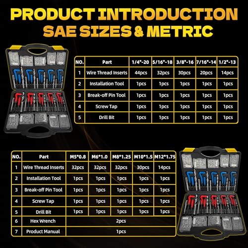 KJE 322PCS Helicoil Thread Repair Kit, Metric (M5-M12) & SAE (1/4"-1/2") Thread Restorer Kit with HSS Drill Bits Taps Thread Inserts Break-Off Tools, Stripped Thread Repair Kit for Automotive - size: 322PCS