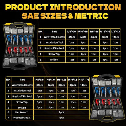 KJE 322PCS Helicoil Thread Repair Kit, Metric (M5-M12) & SAE (1/4"-1/2") Thread Restorer Kit with HSS Drill Bits Taps Thread Inserts Break-Off Tools, Stripped Thread Repair Kit for Automotive - size: 322PCS