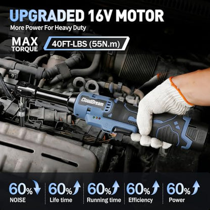 CloudDream Cordless Electric Ratchet Wrench,3/8" 16V Power Ratchet Tool,40 Ft-lbs Max Torque with 2x 2.0 Ah Batteries, Fast Charger, 7 Sockets, 1/4" Adapter & 3" Extension Bar for Auto Repair