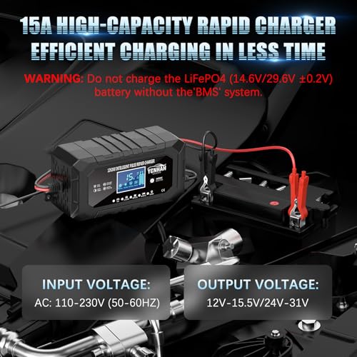 YONHAN 15-Amp 12V 24V Battery Charger LiFePO4 Trickle Charger | Car Battery Charger Fully-Automatic Smart Lead Acid Portable 9-Stage Smart Battery Maintainer with Temp Compensation