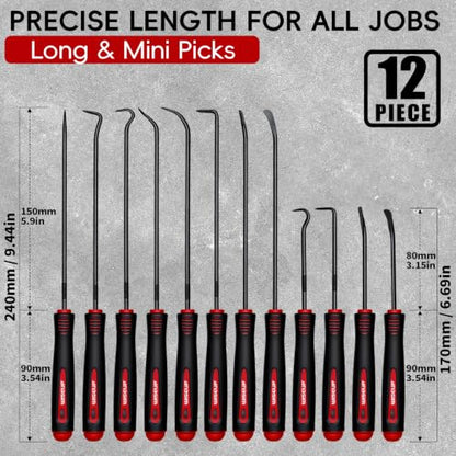 WISEUP 12-Piece Pick and Hook Tools Set, Precision Automotive Pick Tool Set, Long & Mini Puller Remover Tool Kit for Auto Oil Seal/O-Ring Gasket Removal Remover, Mechanical and DIY Use