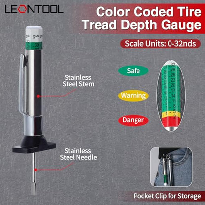Color Coded Tire Tread Depth Gauge 32nds with Pencil Tire Pressure Gauge 5-50 PSI, Air Pressure Gauge for Tires, Professional Tire Thread Meter Tool for Motorcycle,School Bus,SUV