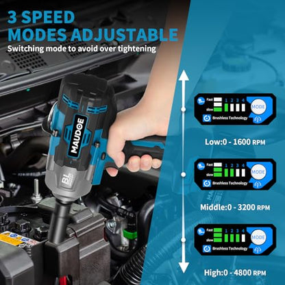 2000Nm Cordless Impact Gun, 1/2" 1500Ft-lbs Heavy Duty Impact Wrench with 2 x 6.0Ah Battery & 5 Sockets, 21V Brushless High Torque Electric Pistola Llave de Impacto for Car/Truck RV/Mower