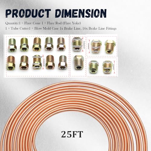 25Ft 3/16 Brake Line Kit,Single & Double Brake Line Flaring Tool Kit with 16 Fittings,5 Adapters,Tube Cutter,Brakes Lines Repair Kits for Fuel System & Hydraulic Brakes System
