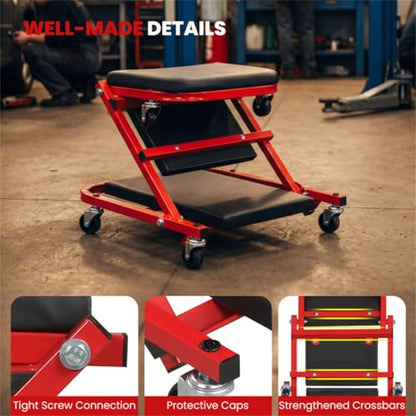 Folding Mechanic Creeper Stool, Heavy Duty Padded Seat for Garage Workshop, Low Profile Auto Repair Rolling Seat with Tool Tray, Shop Stool Workshop Seat Car Repair Creeper Under Car Creeper