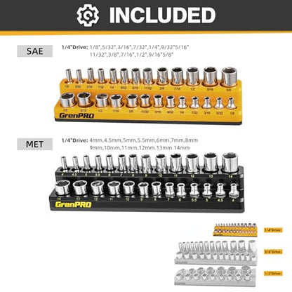 GRENPRO Socket Organizer, 2-Piece Drive SAE & Metric Socket Holder, 1/4" Tray Holds 52 Sockets(Socket Not Included) - style: 2-Piece Magnetic Socket Holder 1/4"