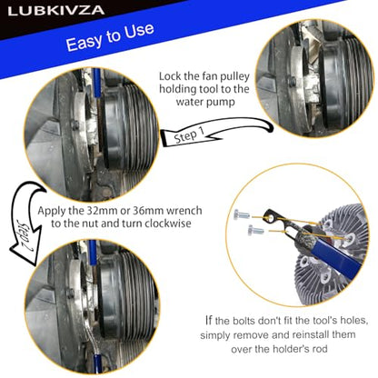 Professional Fan Clutch Removal Tool Kit with 32mm & 36mm Wrench Set and Water Pump Pulley Holder for BMW, Ford, GM, Dodge, Chevrolet, Jeep