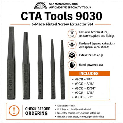 CTA Tools 9030 Fluted Screw Extractor Set, 5-Piece Hand Tool Kit for Broken Studs, Set Screws, Pipes and Fittings