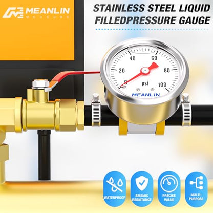 MEANLIN MEASURE 0-100Psi Stainless Steel Glycerin Filled Pressure Gauge 1/8" NPT 1.5" FACE DIAL, with 3/8" Barb Pressure Adapter Liquid Filled Pressure Gauge (9Pieces Kit, Back Mount) - size: 0-100Psi