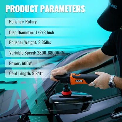 AUTIWOZ Mini Buffer Polisher, Rotary Car Buffer and Polisher Kit 6 Speeds, 1" /2" /3" Base Pads M14 Thread Extension Shaft for Car Boat Sanding Polishing and Waxing, W03