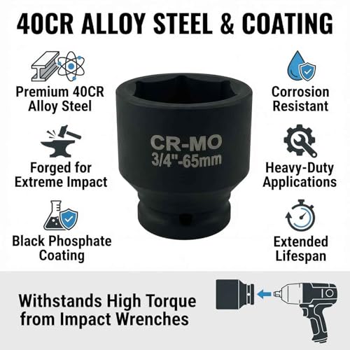 65mm Impact Socket, 3/4" Drive 12 Point Metric Axle Nut Socket Wrench, 40CR Heavy Duty Spindle Nut Remover Tool for Auto Repair (65mm)