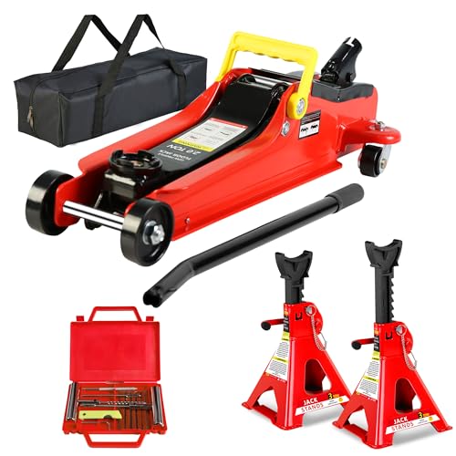 5 Piece Car Jack and Stand Kit, 2 Ton(4400lb) Low Profile Hydraulic Trolley Service Floor Jack Combo with 2 Jack Stands & Tire Repair Kit for Garages,Repair Shops,Lifting Range 3.3" - 15.2",Red - color: Set of 5 Red, size: 2T Single Pump