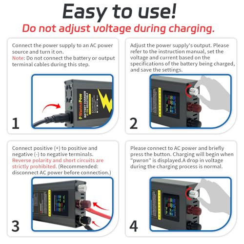 50A 12V Lithium Battery Charger, 0-15V 0-50A Adjustable LiFePO4 Battery Charger with 10 AWG Cables, Smart 12 Volt Battery Charger with LCD Display for LiFePO4, Li-ion, Lipo & Lead-Acid