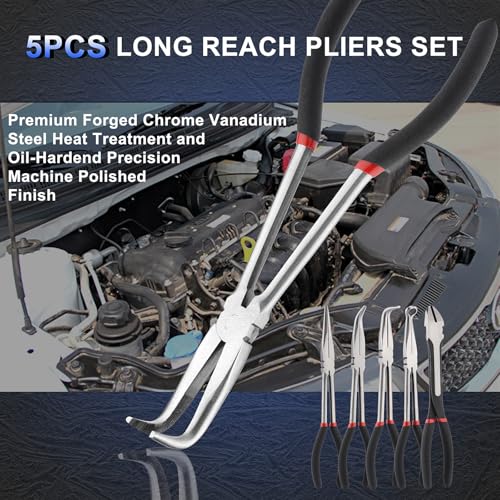 Mayouko 5PCS Extra Long Needle Nose Pliers Set, 11" Long Reach Straight, 45&90 Degree Bent Nose, Circle Nose and Diagonal Pliers for Narrow Spaces and Limited Areas
