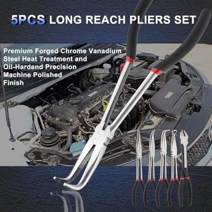 Mayouko 5PCS Extra Long Needle Nose Pliers Set, 11" Long Reach Straight, 45&90 Degree Bent Nose, Circle Nose and Diagonal Pliers for Narrow Spaces and Limited Areas