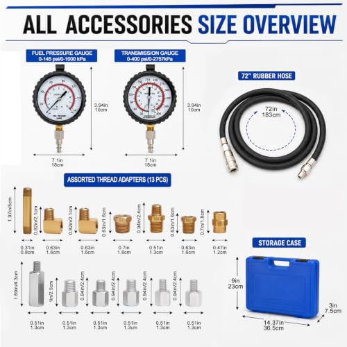 Transmission/Engine Oil Pressure KIT, Capable of Both Static and On-Road Testing, High/Low (0-400psi/0-100psi), 72" Hose, 13pc Adapters - size: Oil Pressure Kit