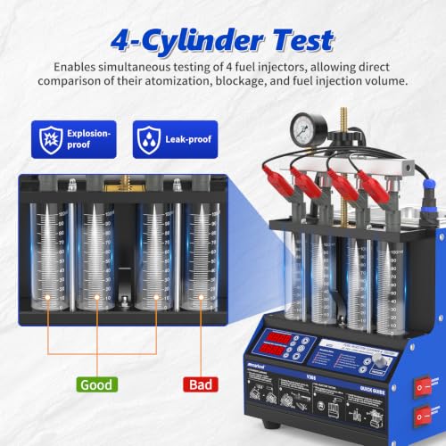 BELEY V308 Fuel Injector Cleaner Tester Machine with Heated Ultrasonic | 4-Cylinder Injector Cleaner Featuring Visual Spray Pattern, Flow Rate & Leak Test for 12V Gasoline Car & Motorcycle Injectors - size: ‎Standard Fuel lnjector