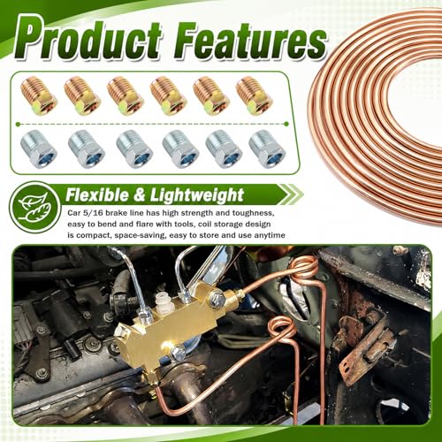 25Ft 5/16 Brake Line Kit with 16PCS Inverted Tube Nuts,Flexible 5/16 Copper Tubing Kit,Copper Coated Car Brakes Line Repair Kits for Hydraulic Fuel Transmission System