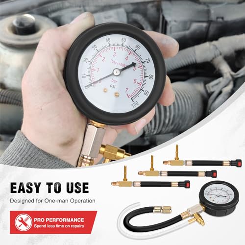 Nilight Fuel Pressure Gauge Tester Kit with Quick Connected Hose, 0-100 PSI Fuel Pressure Tester Tool with 6.30 7.89 9.49 Fuel Line Fittings, 4PCS - color: Basic A