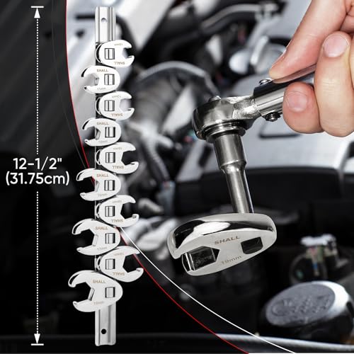 SHALL 3/8" Flare Nut Wrench Set, 10-Piece Metric Crowfoot Flare Nut Tool Kit for Nut Removal, 10-19mm, Clip-on Organizer, Tools for Mechanics, Access Fasteners in Tight Spaces