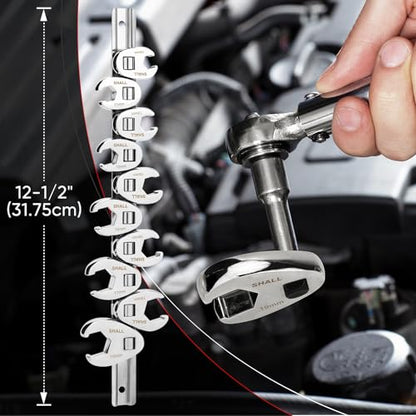 SHALL 3/8" Flare Nut Wrench Set, 10-Piece Metric Crowfoot Flare Nut Tool Kit for Nut Removal, 10-19mm, Clip-on Organizer, Tools for Mechanics, Access Fasteners in Tight Spaces