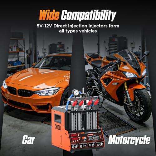 CMTOOL Ultrasonic Fuel Injector Cleaner Tester Machine 12 Functions with 45℃ Heating Cleaning Fluid 110V Fuel System Injection Cleaning Kit for 4 Cylinder Diesel Gasoline Car Motorcycle (Orange Pro)