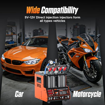 CMTOOL Ultrasonic Fuel Injector Cleaner Tester Machine 12 Functions with 45℃ Heating Cleaning Fluid 110V Fuel System Injection Cleaning Kit for 4 Cylinder Diesel Gasoline Car Motorcycle (Orange Pro)