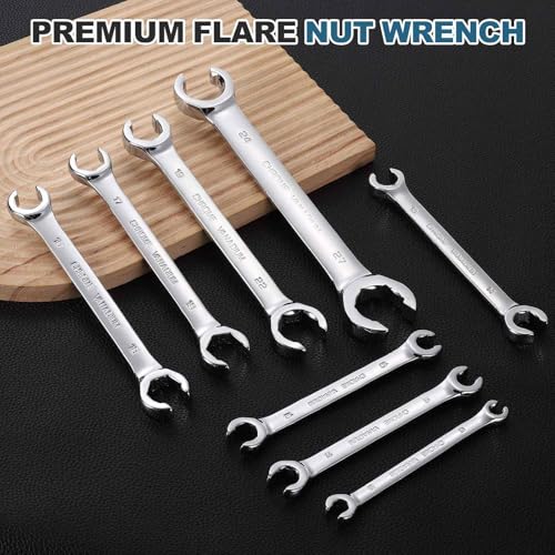 HARFINGTON 2 Pcs Flare Nut Wrench 9mm x 11mm Metric Double Open End Thick Spanner Mirror Polish Finish 45# Steel Brake Line Wrench For Fuel Tube Hose Transmission Line, Silver - size: 9mm x 11mm